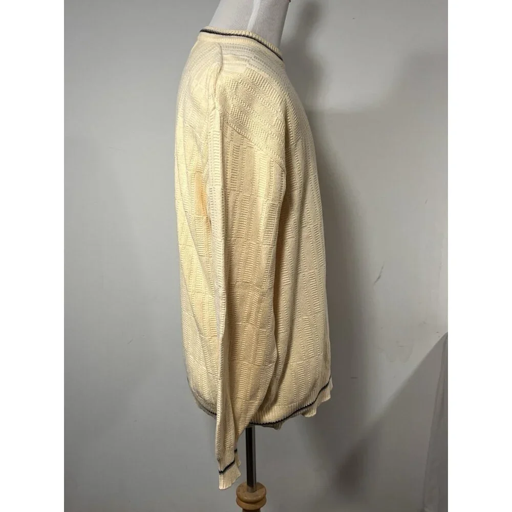 Vtg Carmel Cotton Knit Sweater Cream Yellow Blue Trim Golfer Made in USA L Golf - Picture 3 of 11